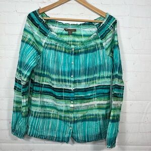 Tommy Bahama Off Shoulder Blouse Womens Size XS Tropical Button Down Long Sleeve